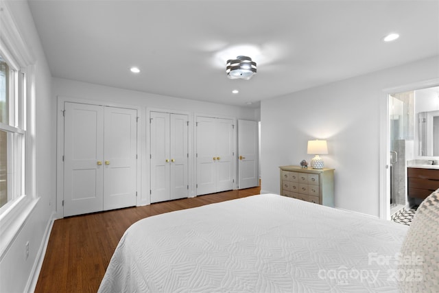 3701 Table Rock Rd, Charlotte, NC 28226 - bedroom with two closets, wood finished floors, recessed lighting, and connected bathroom