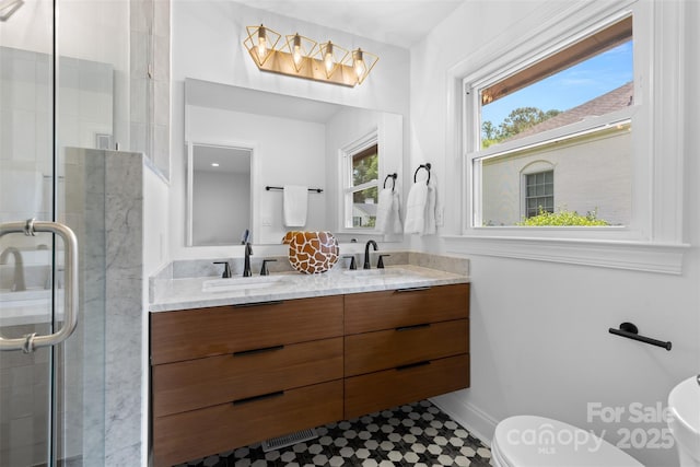 3701 Table Rock Rd, Charlotte, NC 28226 - bathroom featuring double vanity and a shower stall