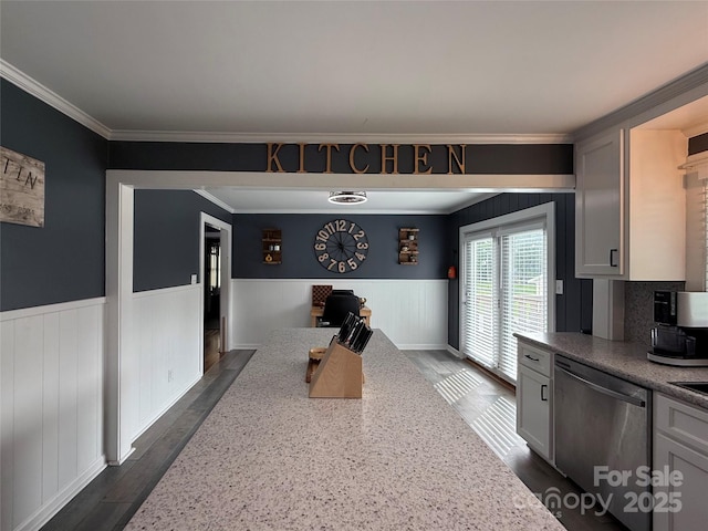 1314 Hathcock Ave, Albemarle, NC 28001 - kitchen featuring stainless steel dishwasher, wainscoting, dark wood-type flooring, crown molding, and light stone counters