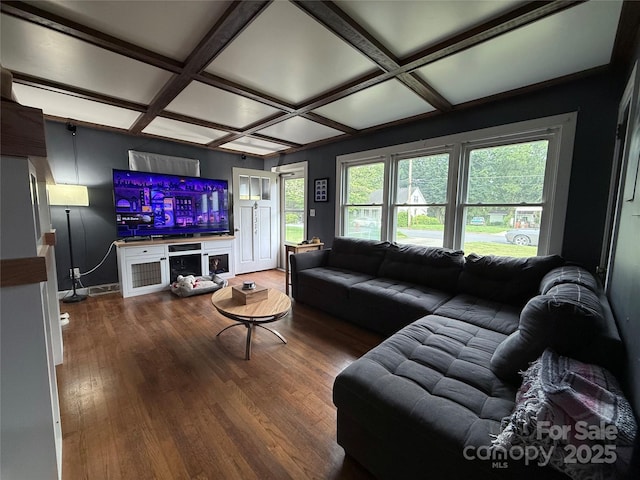 1314 Hathcock Ave, Albemarle, NC 28001 - living area with coffered ceiling, dark wood finished floors, and beam ceiling