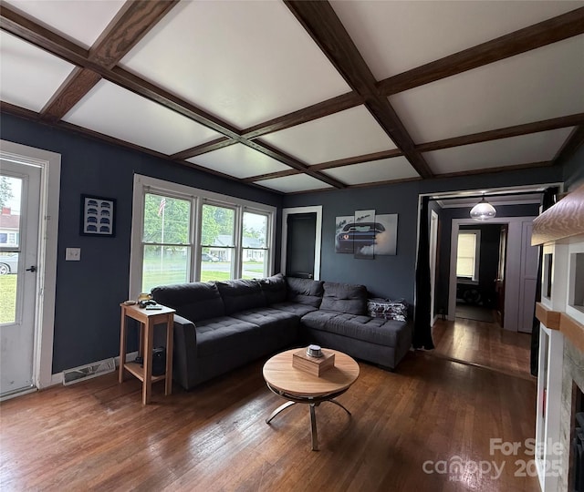 1314 Hathcock Ave, Albemarle, NC 28001 - living room with coffered ceiling, plenty of natural light, hardwood / wood-style floors, and beam ceiling