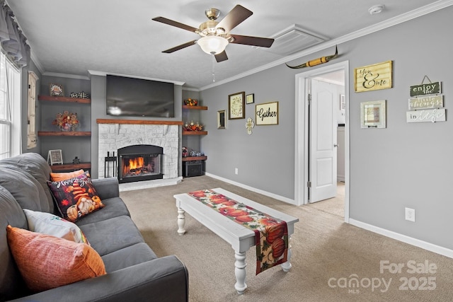32 Bishop Ln, Flat Rock, NC 28731 - living area featuring ceiling fan, carpet, ornamental molding, and a stone fireplace