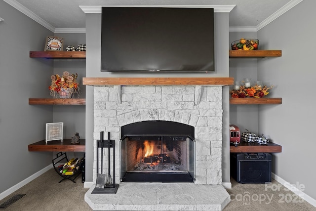 32 Bishop Ln, Flat Rock, NC 28731 - detailed view of a stone fireplace, crown molding, and carpet floors