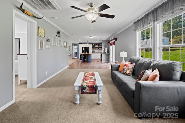 32 Bishop Ln, Flat Rock, NC 28731 - living area with ornamental molding, a ceiling fan, and carpet flooring