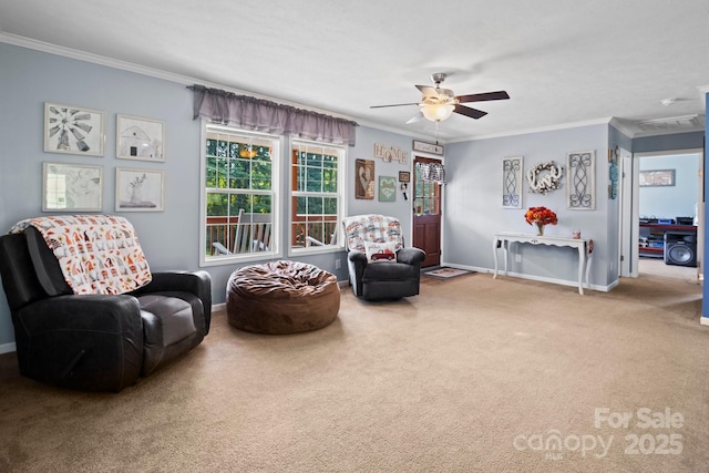 32 Bishop Ln, Flat Rock, NC 28731 - living area featuring ornamental molding, carpet floors, and a ceiling fan