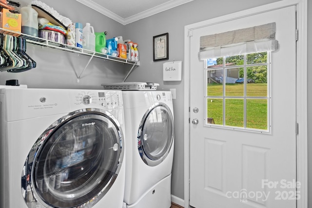 32 Bishop Ln, Flat Rock, NC 28731 - laundry room featuring washer and dryer, ornamental molding, and healthy amount of natural light