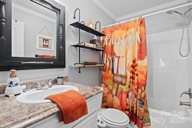 32 Bishop Ln, Flat Rock, NC 28731 - full bathroom featuring vanity, ornamental molding, and shower / bath combo with shower curtain
