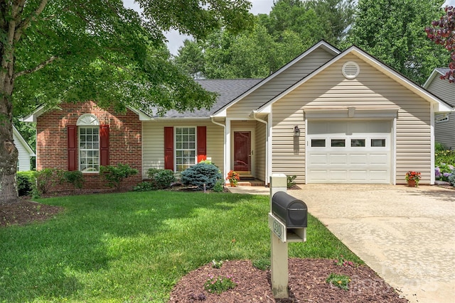 330 Stonehollow Rd, Fletcher, NC 28732 - ranch-style home featuring an attached garage, concrete driveway, a front lawn, roof with shingles, and brick siding