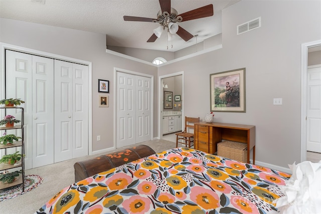 330 Stonehollow Rd, Fletcher, NC 28732 - bedroom with two closets, light carpet, ceiling fan, and connected bathroom