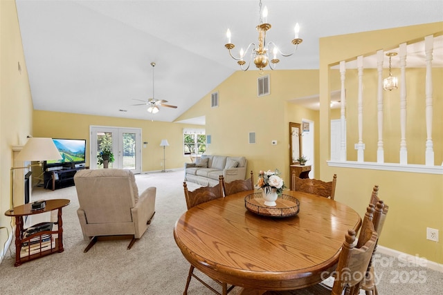 1958 Cameron Heights Cir, Denver, NC 28037 - dining space with carpet floors, high vaulted ceiling, a chandelier, and ceiling fan