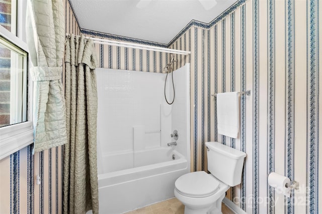 1958 Cameron Heights Cir, Denver, NC 28037 - bathroom featuring shower / bathtub combination with curtain, a textured ceiling, and tile patterned floors