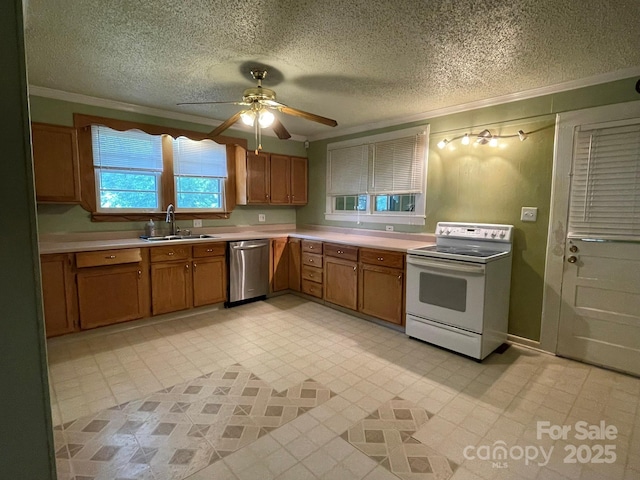 2411 Rebecca Ave, Charlotte, NC 28208 - kitchen with white electric stove, stainless steel dishwasher, crown molding, light countertops, and a textured ceiling