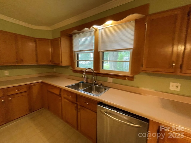 2411 Rebecca Ave, Charlotte, NC 28208 - kitchen with dishwasher, crown molding, light countertops, and brown cabinetry