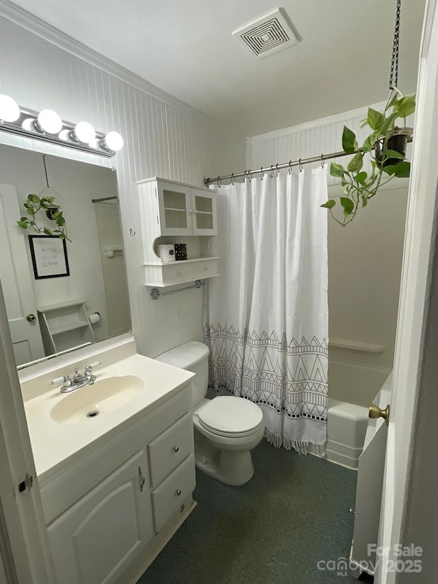 2411 Rebecca Ave, Charlotte, NC 28208 - bathroom featuring vanity, crown molding, and shower / bathtub combination with curtain