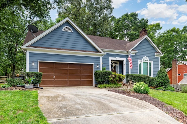 2133 Highland View Ln, Charlotte, NC 28214 - view of front of home featuring driveway, a chimney, an attached garage, a front yard, and a shingled roof