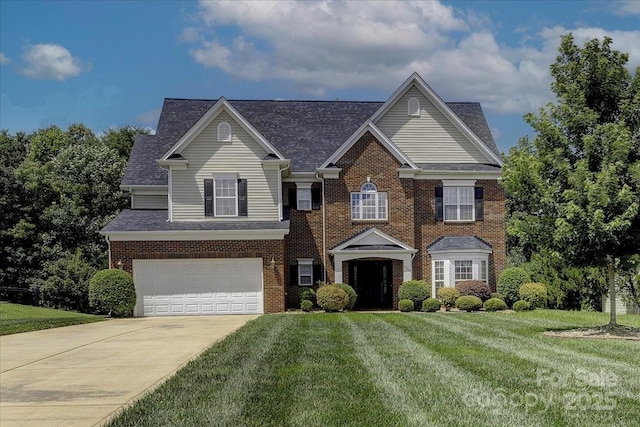 4966 Riverview Dr, Harrisburg, NC 28075 - view of front of home with brick siding, concrete driveway, a garage, a front lawn, and a shingled roof