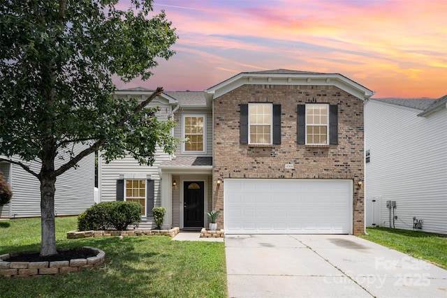 4068 Sherri Ln, Fort Mill, SC 29715 - traditional home featuring driveway, a garage, a front yard, brick siding, and a shingled roof