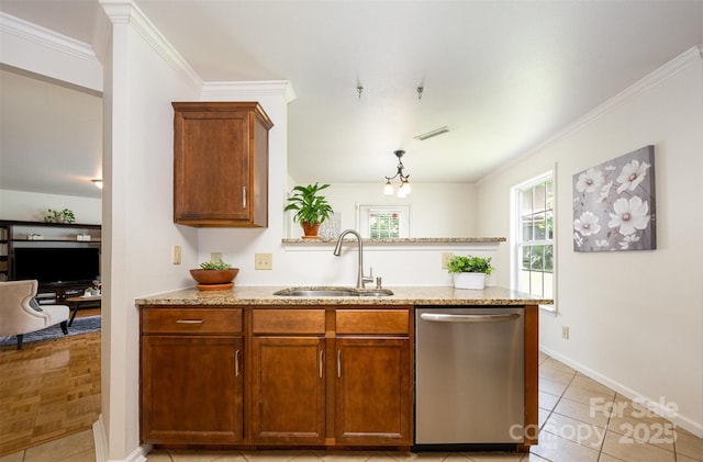 4068 Sherri Ln, Fort Mill, SC 29715 - kitchen with dishwasher, ornamental molding, light stone countertops, brown cabinetry, and decorative light fixtures
