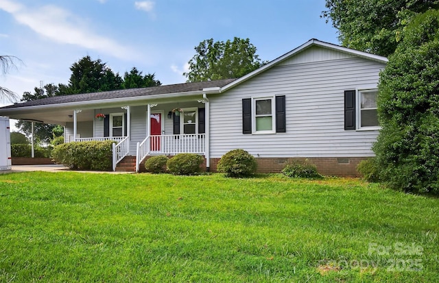 5445 Creekwood Dr, Salisbury, NC 28147 - ranch-style house featuring a porch, crawl space, a front yard, an attached carport, and roof with shingles