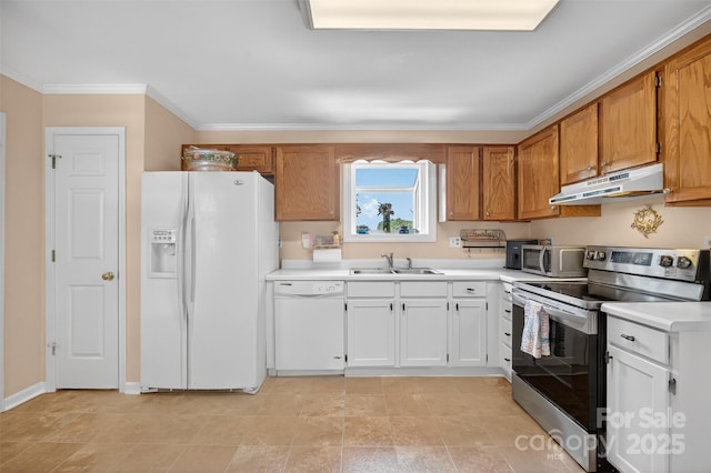 5445 Creekwood Dr, Salisbury, NC 28147 - kitchen featuring stainless steel appliances, under cabinet range hood, crown molding, light countertops, and brown cabinets