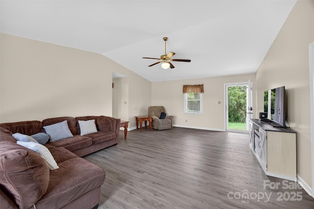 5445 Creekwood Dr, Salisbury, NC 28147 - living area with lofted ceiling, wood finished floors, and ceiling fan