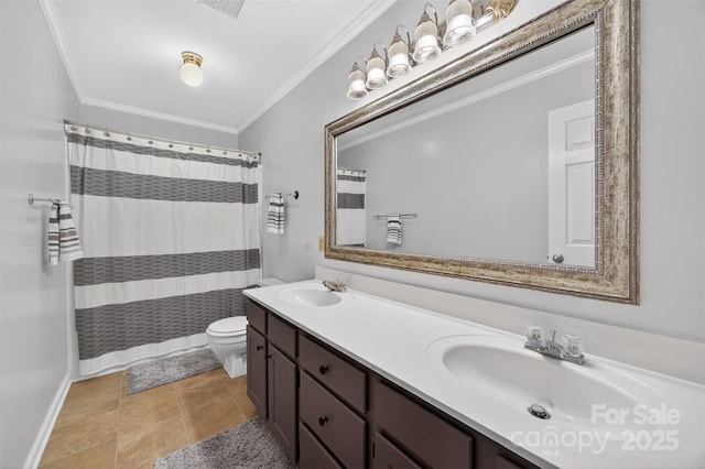 5445 Creekwood Dr, Salisbury, NC 28147 - full bath featuring double vanity, ornamental molding, and a shower with shower curtain