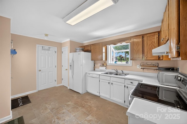 5445 Creekwood Dr, Salisbury, NC 28147 - kitchen featuring white appliances, under cabinet range hood, light countertops, and crown molding
