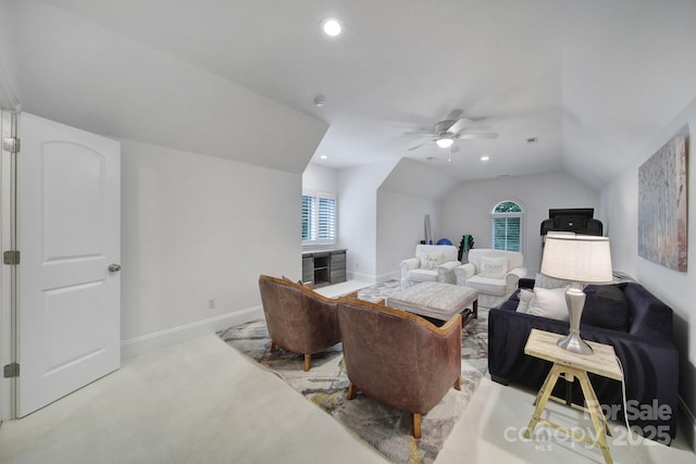 8016 Pemswood St, Charlotte, NC 28277 - bedroom with vaulted ceiling, light carpet, a ceiling fan, and recessed lighting