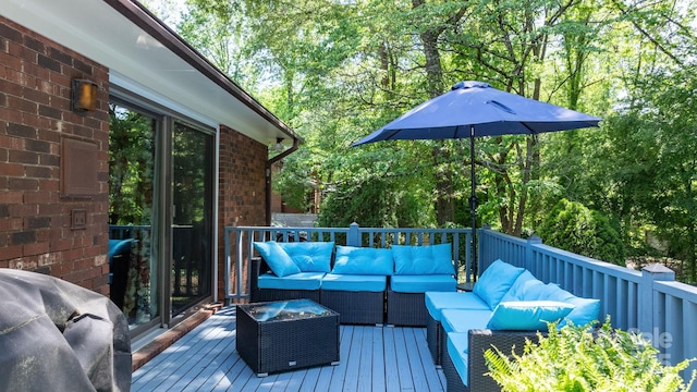 701 5th Ave NE, Conover, NC 28613 - wooden deck featuring outdoor lounge area, grilling area, and view of scattered trees