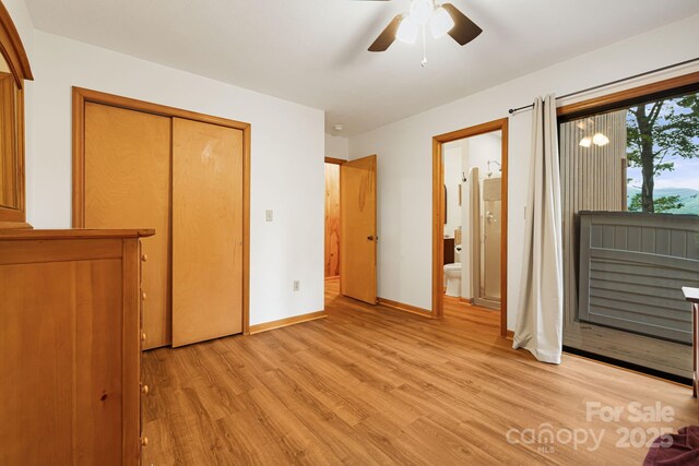 285 Fairway Loop Unit 7, Burnsville, NC 28714 - unfurnished bedroom with light wood-style floors, a closet, ensuite bath, and ceiling fan