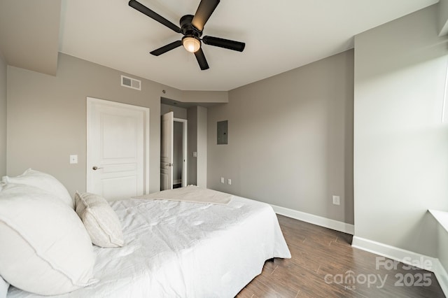 1315 E Blvd Unit 327, Charlotte, NC 28203 - bedroom featuring dark wood-type flooring, electric panel, and a ceiling fan