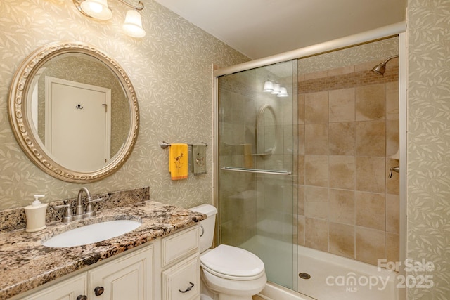 103 Golfside Dr, Flat Rock, NC 28731 - bathroom featuring vanity, a stall shower, and wallpapered walls