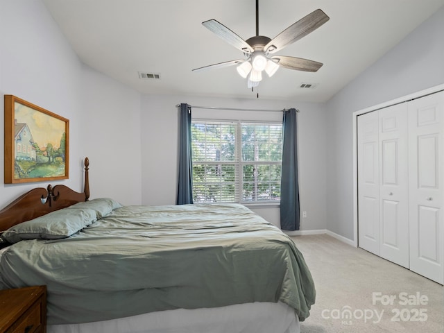 3414 Broadwick St, Charlotte, NC 28213 - bedroom featuring light colored carpet, a closet, and a ceiling fan