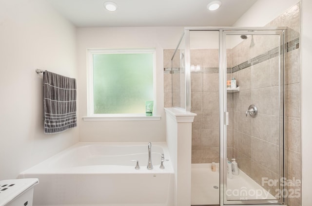 15636 Oleander Dr, Charlotte, NC 28278 - full bath with a garden tub, a shower stall, and recessed lighting