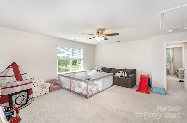 15636 Oleander Dr, Charlotte, NC 28278 - living area featuring attic access, carpet, and a ceiling fan