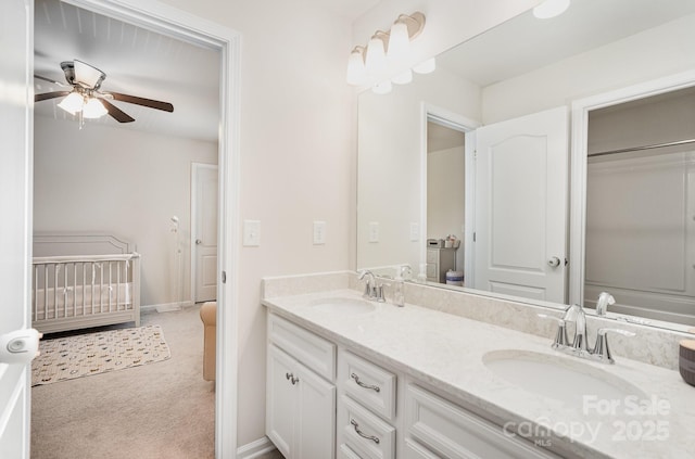 15636 Oleander Dr, Charlotte, NC 28278 - bathroom featuring a ceiling fan and double vanity