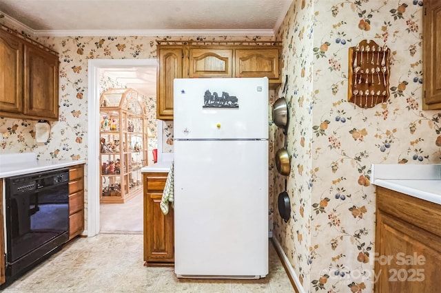 815 La Quinta Ln, Hope Mills, NC 28348 - kitchen with freestanding refrigerator, black dishwasher, wallpapered walls, brown cabinetry, and light countertops