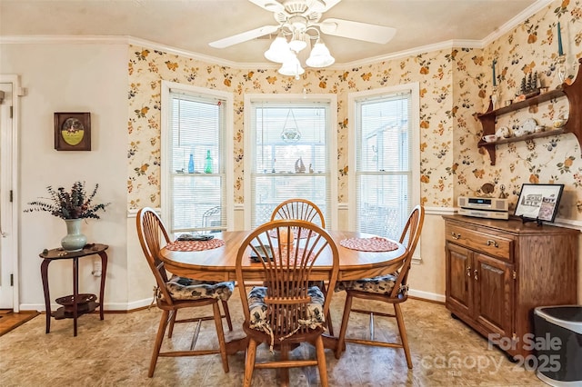 815 La Quinta Ln, Hope Mills, NC 28348 - dining space with ornamental molding, ceiling fan, and wallpapered walls