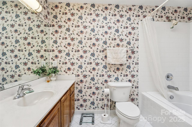 815 La Quinta Ln, Hope Mills, NC 28348 - full bath featuring wallpapered walls, tile patterned flooring, vanity, and tiled shower / bath combo