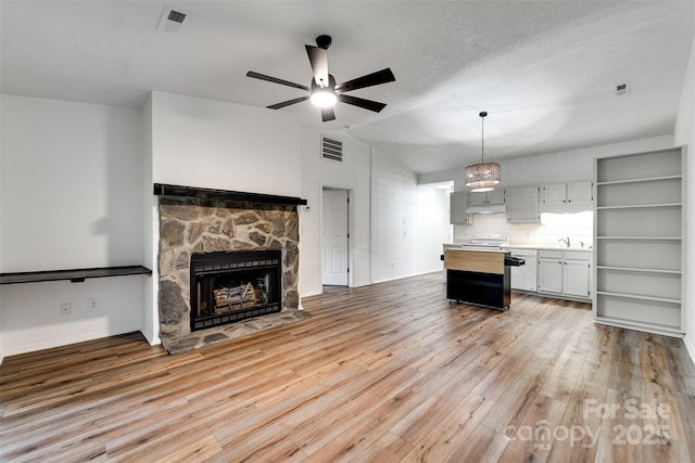 45B Mountain Vw, Villas, Franklin, NC 28734 - kitchen with open floor plan, white range oven, a ceiling fan, light countertops, and lofted ceiling
