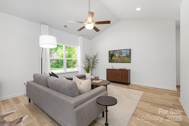 4472 Pebblebrook Cir SW, Concord, NC 28027 - living area featuring ceiling fan, light wood-style flooring, lofted ceiling, and recessed lighting