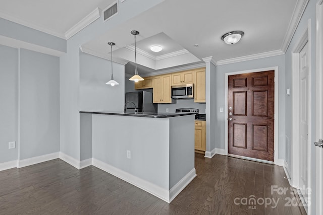 300 W 5th St Unit 617, Charlotte, NC 28202 - kitchen with stainless steel microwave, dark countertops, fridge, a raised ceiling, and dark wood-style flooring