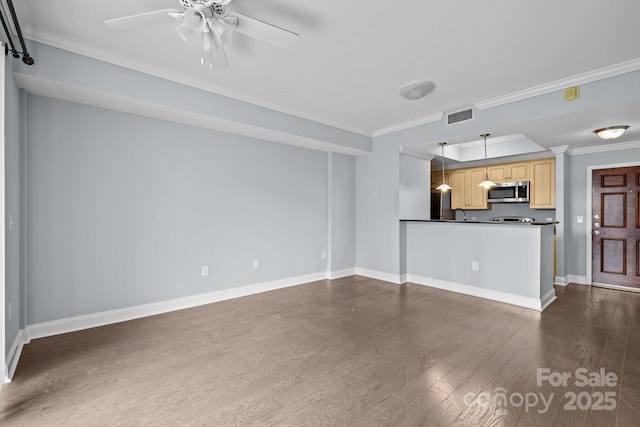 300 W 5th St Unit 617, Charlotte, NC 28202 - unfurnished living room with ornamental molding, dark wood-type flooring, and a ceiling fan