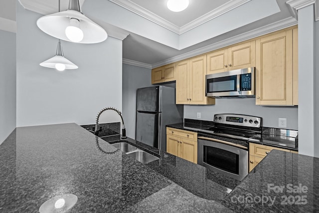300 W 5th St Unit 617, Charlotte, NC 28202 - kitchen with stainless steel appliances, light brown cabinetry, ornamental molding, and dark stone counters