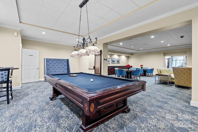 300 W 5th St Unit 617, Charlotte, NC 28202 - recreation room featuring carpet flooring, a raised ceiling, crown molding, pool table, and recessed lighting