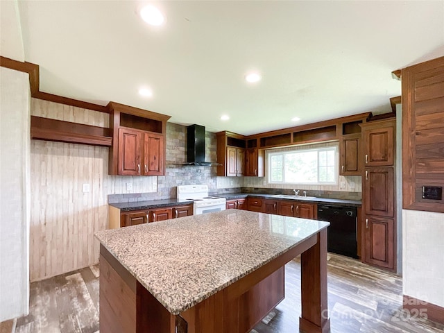 5321 State Line Rd, Marshville, NC 28103 - kitchen with wall chimney range hood, black dishwasher, white electric range oven, open shelves, and a center island