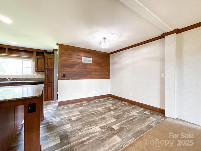5321 State Line Rd, Marshville, NC 28103 - unfurnished dining area with wooden walls, wood finished floors, and ornamental molding