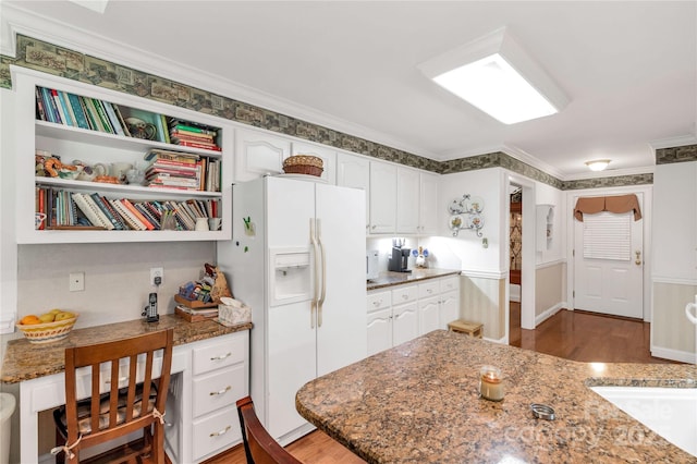 511 Birmingham Ct, Rock Hill, SC 29732 - kitchen with white refrigerator with ice dispenser, ornamental molding, white cabinetry, wood finished floors, and light stone counters