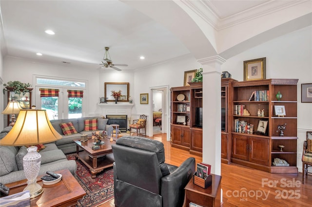 511 Birmingham Ct, Rock Hill, SC 29732 - living room with light wood-style floors, crown molding, a ceiling fan, a glass covered fireplace, and ornate columns