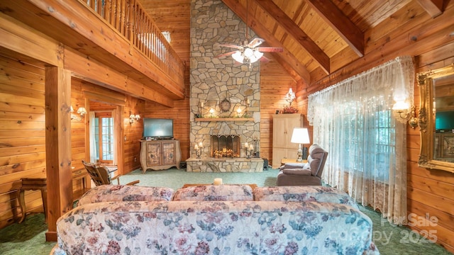 1465 Ohennesy Ln Unit 12, 13, 14, 15, Lenoir, NC 28645 - carpeted bedroom featuring wood walls, a wood ceiling with exposed beams, high vaulted ceiling, and a stone fireplace